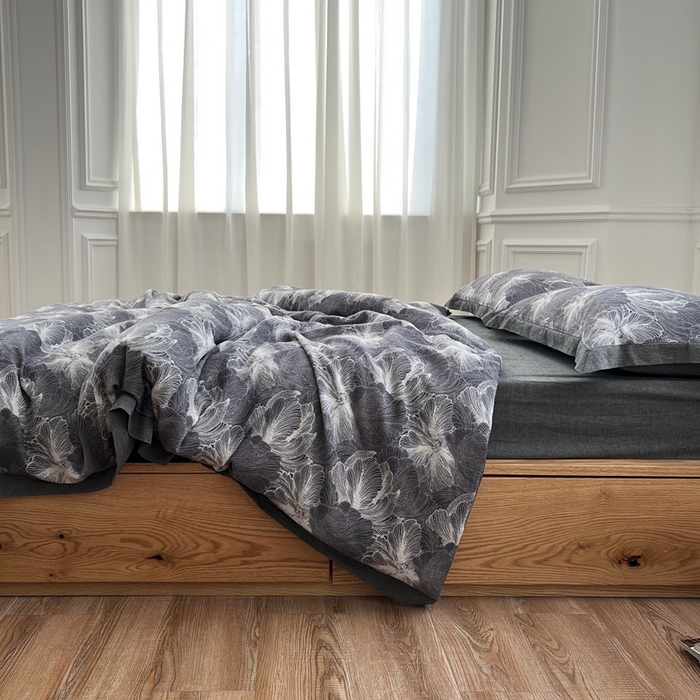 91家纺网 家纺一手货源 找家纺 安莱生活 2023新款色织双层纱工艺款宽边高奢四件套 国色天香-深灰