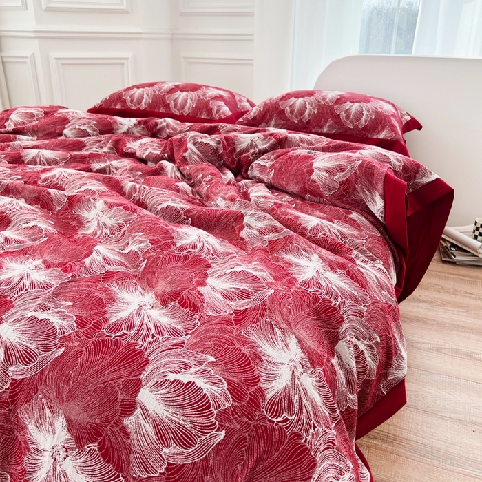 91家纺网 家纺一手货源 找家纺 安莱生活 2023新款色织双层纱工艺款宽边高奢四件套 国色天香-朱红