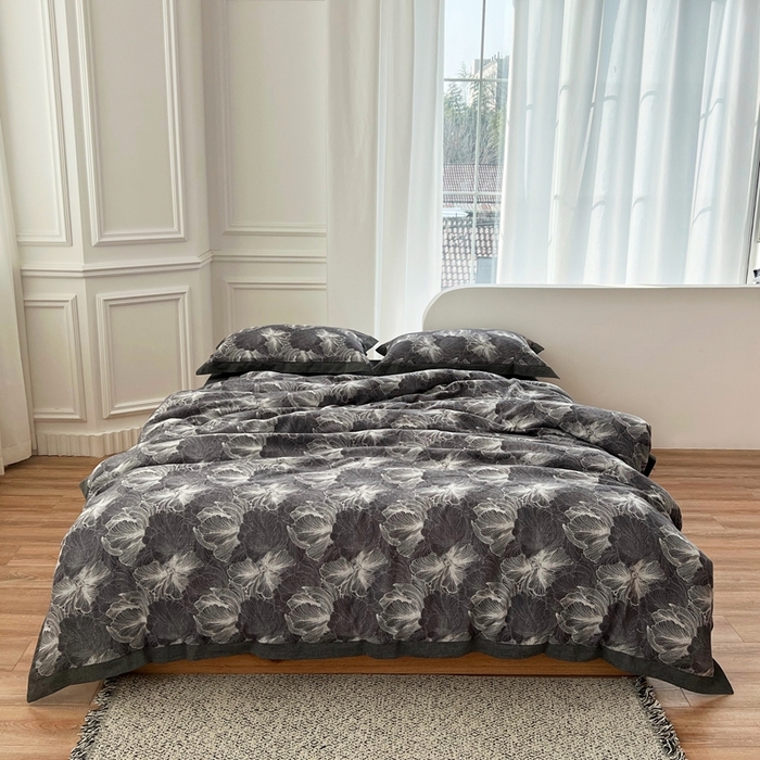 91家纺网 家纺一手货源 找家纺 安莱生活 2023新款色织双层纱工艺款宽边高奢四件套 国色天香-深灰