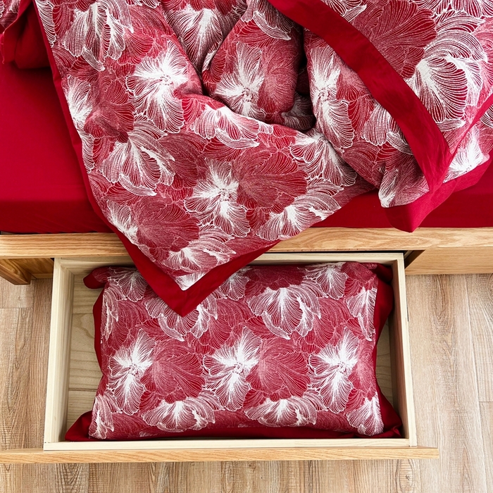 91家纺网 家纺一手货源 找家纺 安莱生活 2023新款色织双层纱工艺款宽边高奢四件套 国色天香-朱红