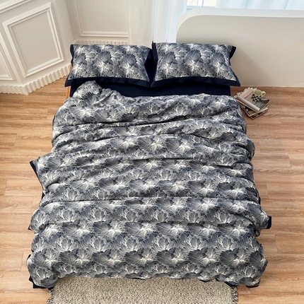 91家纺网 家纺一手货源 找家纺 安莱生活 2023新款色织双层纱工艺款宽边高奢四件套 国色天香-藏青