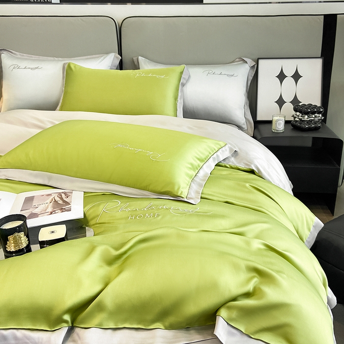 91家纺网 家纺一手货源 找家纺 金麦家纺 2023新款冰丝小拼角四件套系列 小拼角橄榄绿