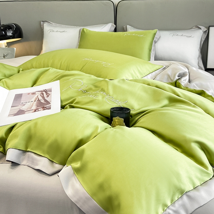 91家纺网 家纺一手货源 找家纺 金麦家纺 2023新款冰丝小拼角四件套系列 小拼角橄榄绿