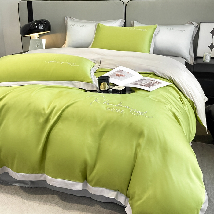 91家纺网 家纺一手货源 找家纺 金麦家纺 2023新款冰丝小拼角四件套系列 小拼角橄榄绿