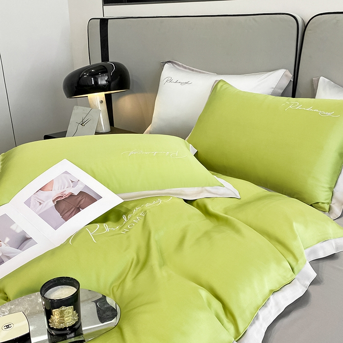 91家纺网 家纺一手货源 找家纺 金麦家纺 2023新款冰丝小拼角四件套系列 小拼角橄榄绿