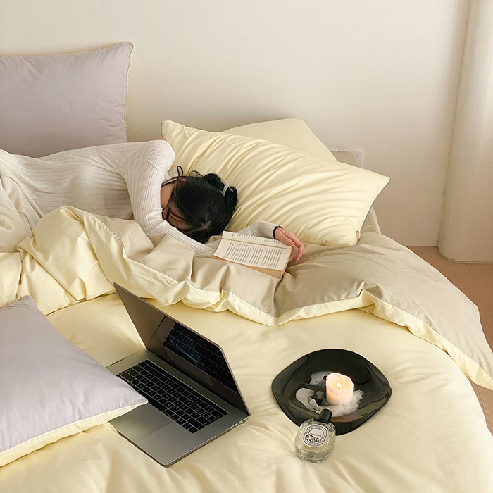 91家纺网 家纺一手货源 找家纺 时年 2023新款40支全棉水洗棉嵌绳款四件套--拍法二 香草黄