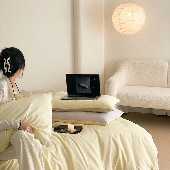 91家纺网 家纺一手货源 找家纺 时年 2023新款40支全棉水洗棉嵌绳款四件套--拍法二 香草黄