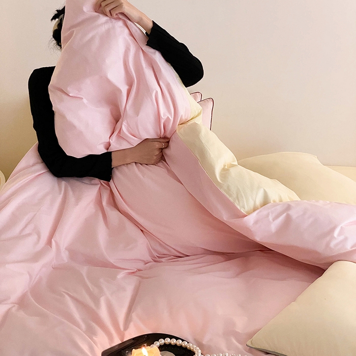 91家纺网 家纺一手货源 找家纺 时年 2023新款40支全棉水洗棉嵌绳款四件套--拍法二 樱花粉