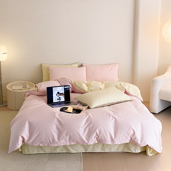 91家纺网 家纺一手货源 找家纺 时年 2023新款40支全棉水洗棉嵌绳款四件套--拍法二 樱花粉