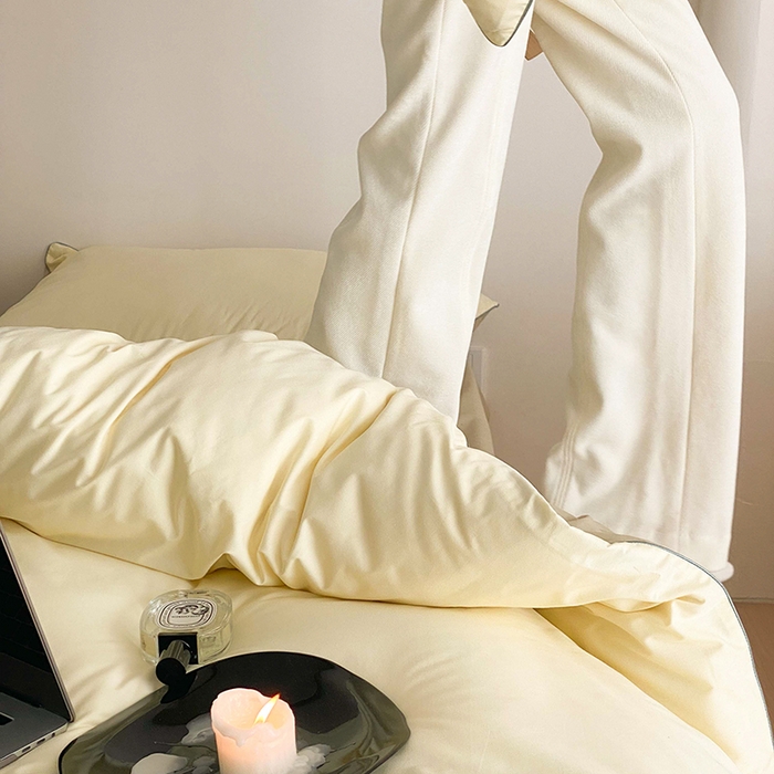 91家纺网 家纺一手货源 找家纺 时年 2023新款40支全棉水洗棉嵌绳款四件套--拍法二 香草黄