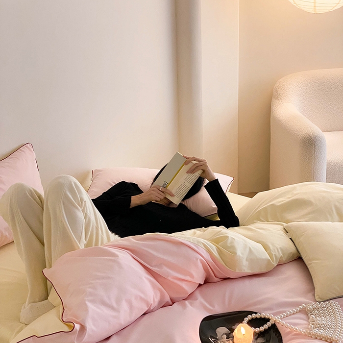 91家纺网 家纺一手货源 找家纺 时年 2023新款40支全棉水洗棉嵌绳款四件套--拍法二 樱花粉