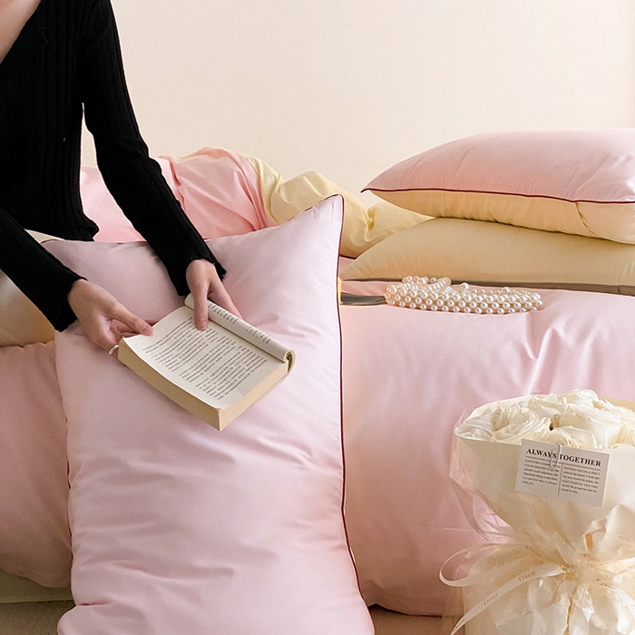 91家纺网 家纺一手货源 找家纺 时年 2023新款40支全棉水洗棉嵌绳款四件套--拍法二 樱花粉