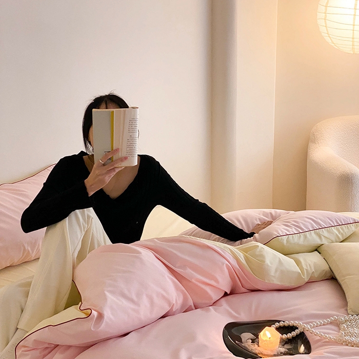 91家纺网 家纺一手货源 找家纺 时年 2023新款40支全棉水洗棉嵌绳款四件套--拍法二 樱花粉