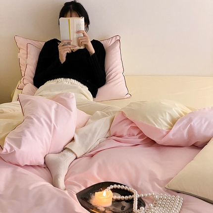 时年 2023新款40支全棉水洗棉嵌绳款四件套--拍法二 樱花粉