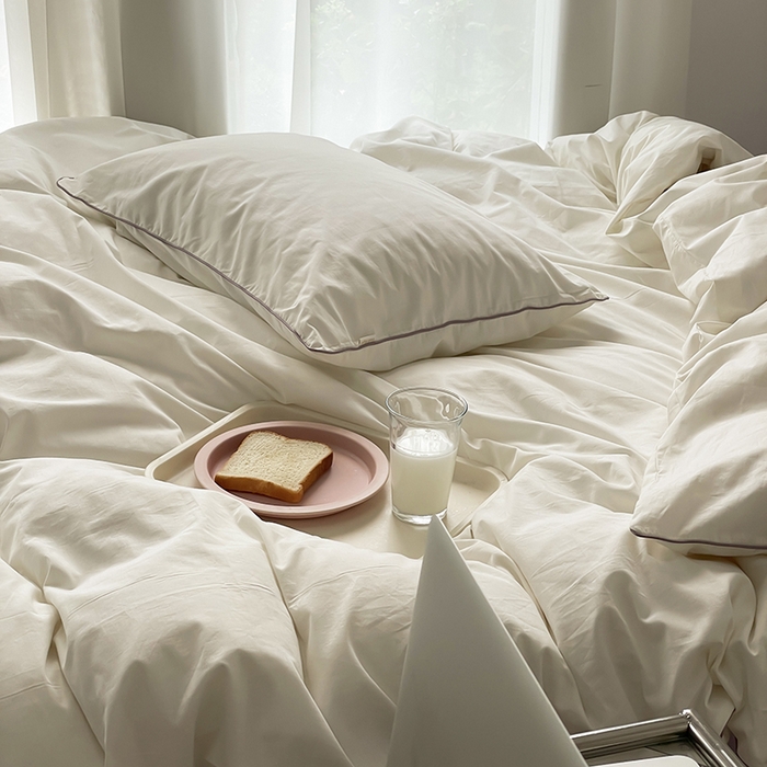 91家纺网 家纺一手货源 找家纺 时年  2023新款40支全棉水洗棉嵌绳款四件套--拍法一 象牙白