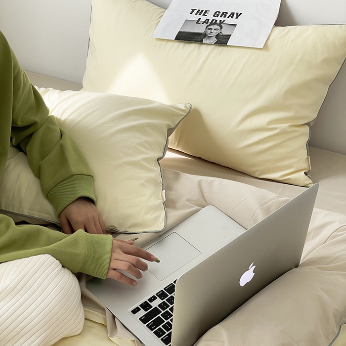 91家纺网 家纺一手货源 找家纺 时年  2023新款40支全棉水洗棉嵌绳款四件套--拍法一 香草黄