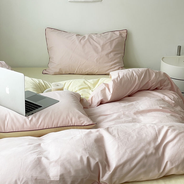 91家纺网 家纺一手货源 找家纺 时年  2023新款40支全棉水洗棉嵌绳款四件套--拍法一 樱花粉