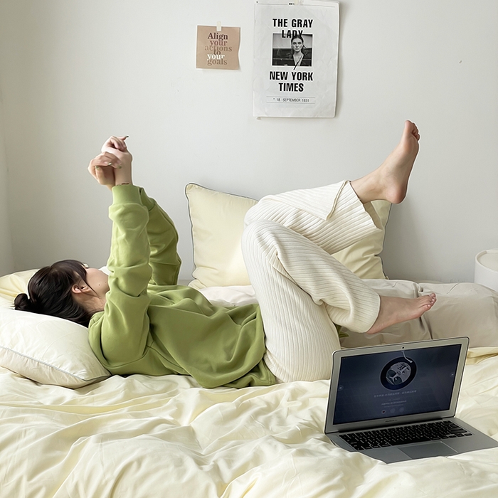 91家纺网 家纺一手货源 找家纺 时年  2023新款40支全棉水洗棉嵌绳款四件套--拍法一 香草黄