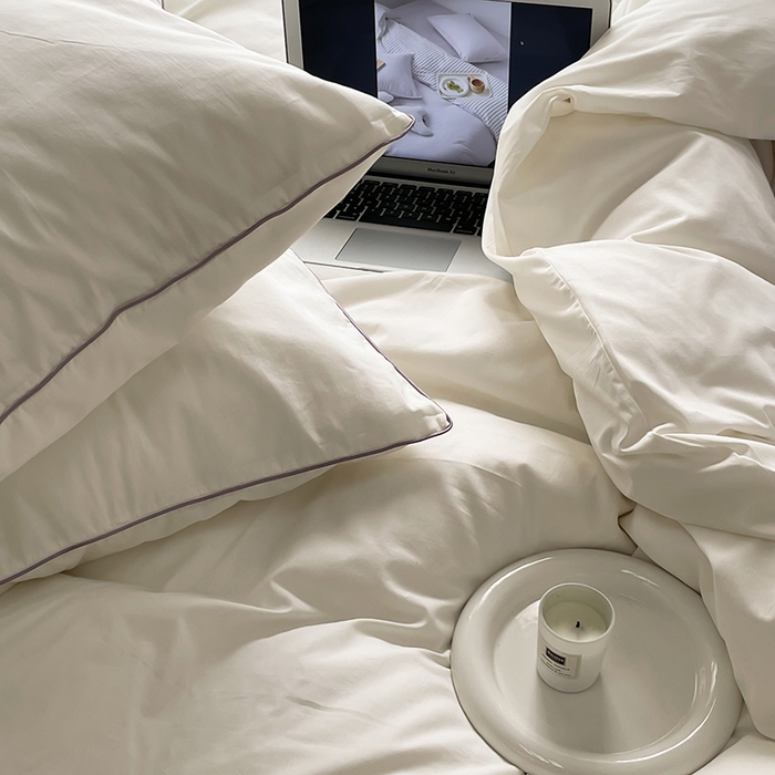 91家纺网 家纺一手货源 找家纺 时年  2023新款40支全棉水洗棉嵌绳款四件套--拍法一 象牙白