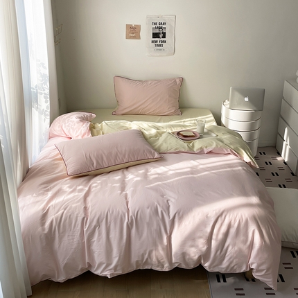 时年  2023新款40支全棉水洗棉嵌绳款四件套--拍法一 樱花粉