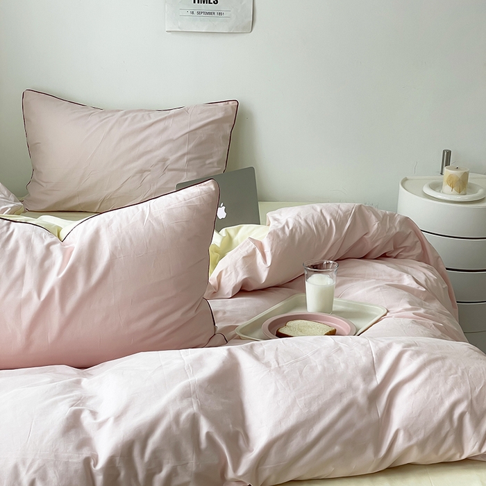 91家纺网 家纺一手货源 找家纺 时年  2023新款40支全棉水洗棉嵌绳款四件套--拍法一 樱花粉