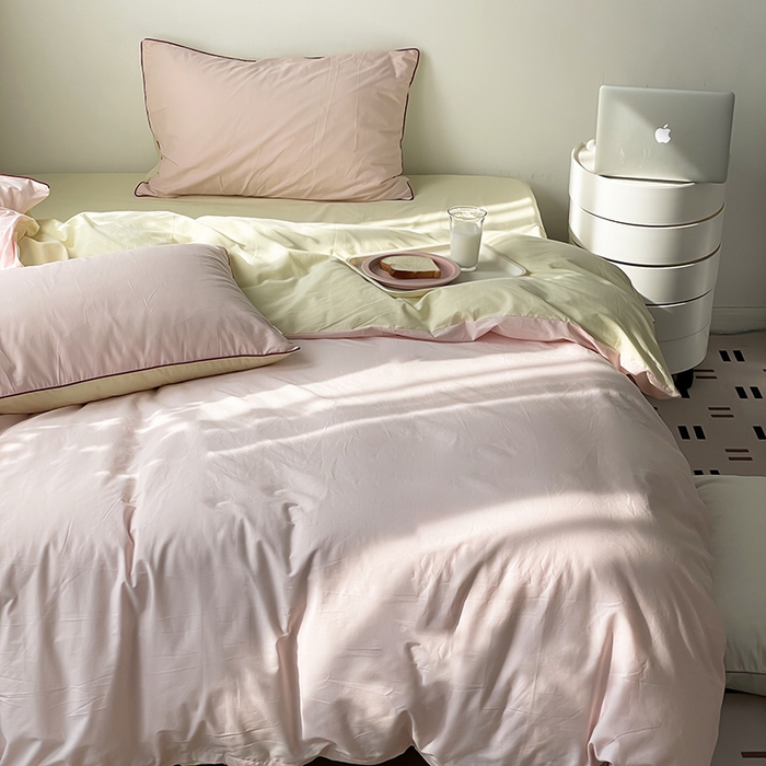 91家纺网 家纺一手货源 找家纺 时年  2023新款40支全棉水洗棉嵌绳款四件套--拍法一 樱花粉