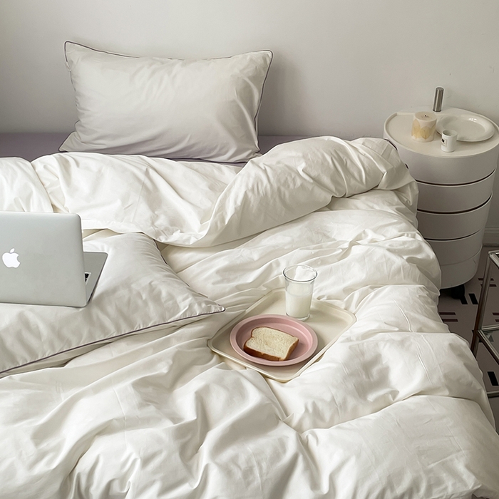 91家纺网 家纺一手货源 找家纺 时年  2023新款40支全棉水洗棉嵌绳款四件套--拍法一 象牙白