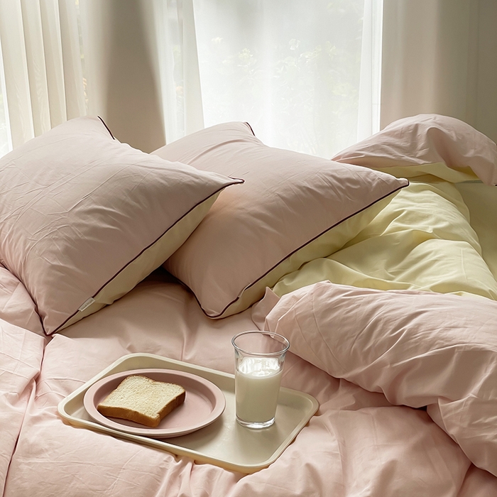 91家纺网 家纺一手货源 找家纺 时年  2023新款40支全棉水洗棉嵌绳款四件套--拍法一 樱花粉