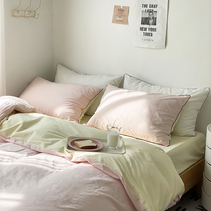 91家纺网 家纺一手货源 找家纺 时年  2023新款40支全棉水洗棉嵌绳款四件套--拍法一 樱花粉