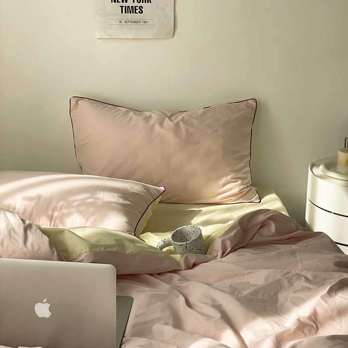 91家纺网 家纺一手货源 找家纺 时年  2023新款40支全棉水洗棉嵌绳款四件套--拍法一 樱花粉