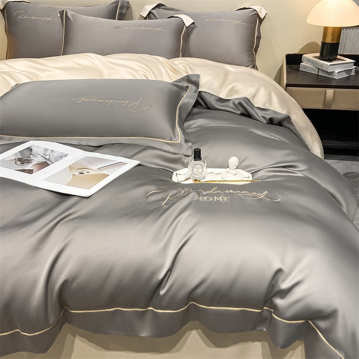 91家纺网 家纺一手货源 找家纺 笙意家纺 水洗真丝R字母织带款四件套-威尔士 中灰+奶茶