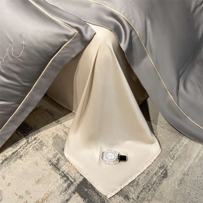 91家纺网 家纺一手货源 找家纺 笙意家纺 水洗真丝R字母织带款四件套-威尔士 中灰+奶茶