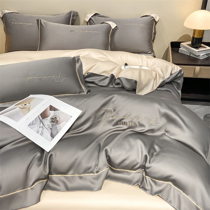 91家纺网 家纺一手货源 找家纺 笙意家纺 水洗真丝R字母织带款四件套-威尔士 中灰+奶茶