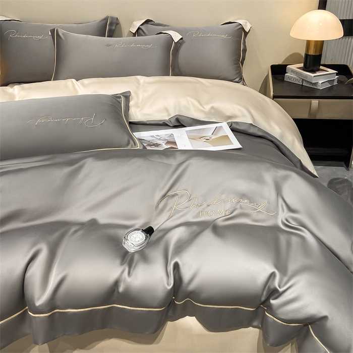 91家纺网 家纺一手货源 找家纺 笙意家纺 水洗真丝R字母织带款四件套-威尔士 中灰+奶茶