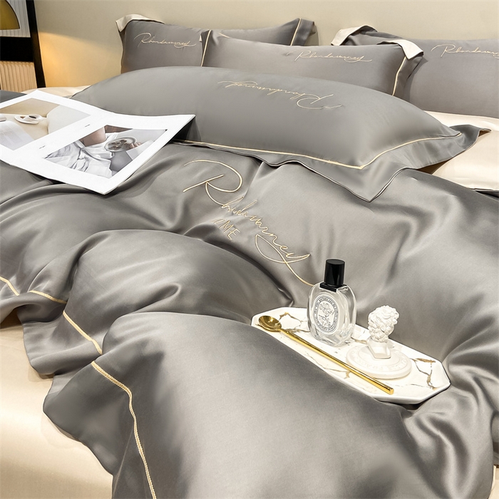 91家纺网 家纺一手货源 找家纺 笙意家纺 水洗真丝R字母织带款四件套-威尔士 中灰+奶茶