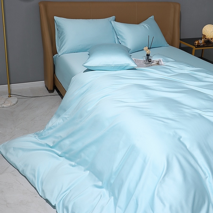 91家纺网 家纺一手货源 找家纺 晶缦家纺 2023新款纯棉50支双股贡缎长绒棉纯色多规格四件套 纯沐-浅天蓝