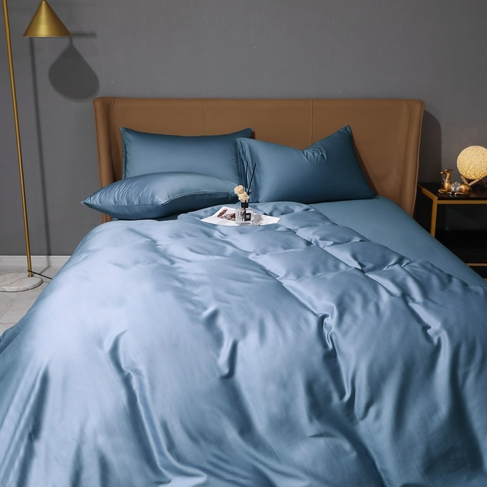 91家纺网 家纺一手货源 找家纺 晶缦家纺 2023新款纯棉50支双股贡缎长绒棉纯色多规格四件套 纯沐-天青蓝 