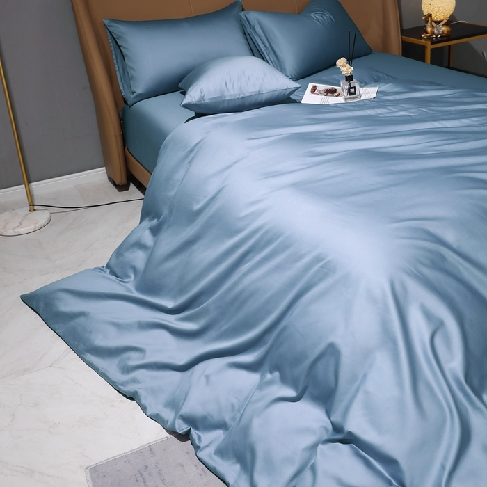 91家纺网 家纺一手货源 找家纺 晶缦家纺 2023新款纯棉50支双股贡缎长绒棉纯色多规格四件套 纯沐-天青蓝 