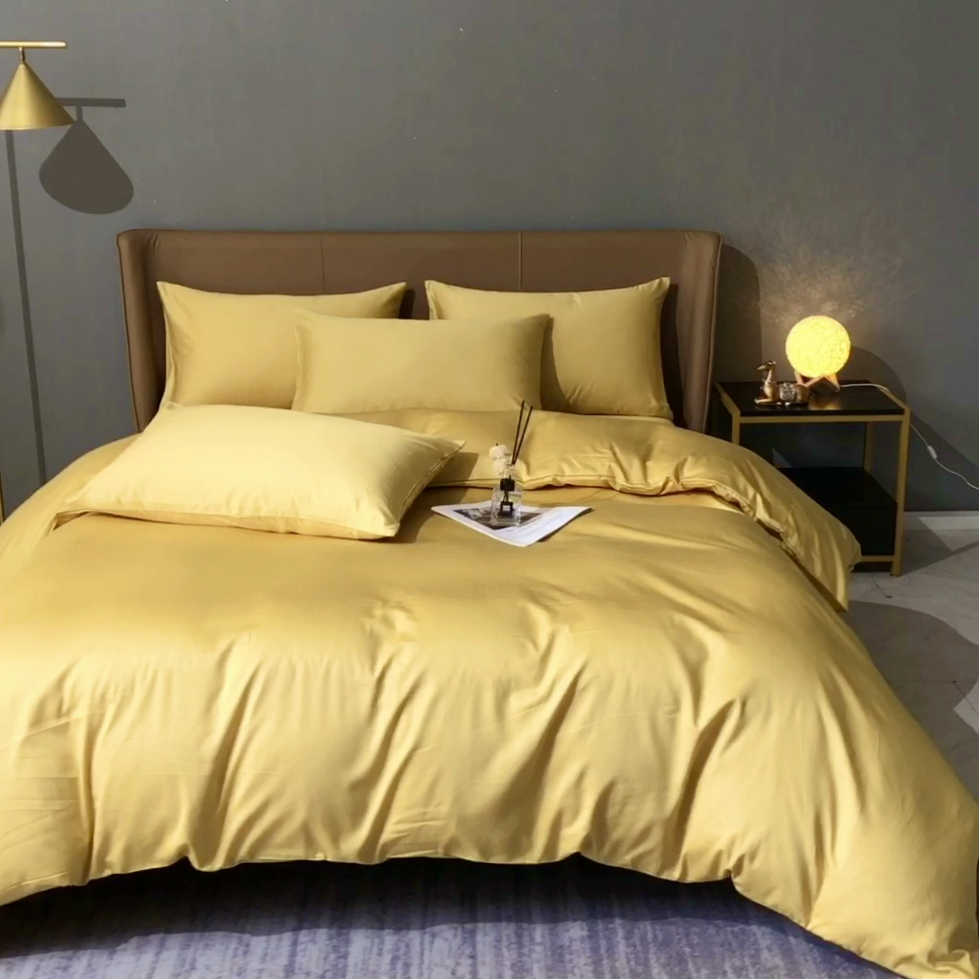 91家纺网 家纺一手货源 找家纺 晶缦家纺 2023新款纯棉50支双股贡缎长绒棉纯色多规格四件套 纯沐-玉米黄