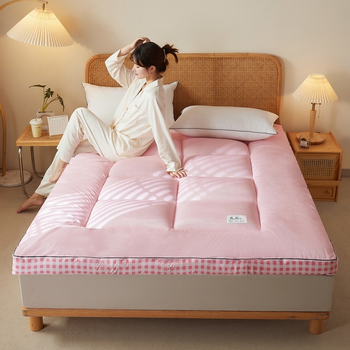91家纺网 家纺一手货源 找家纺 迪乐妮  2023新款水洗棉成人立体软床垫 粉格边-粉色