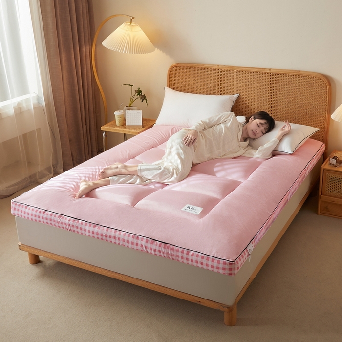 91家纺网 家纺一手货源 找家纺 迪乐妮  2023新款水洗棉成人立体软床垫 粉格边-粉色
