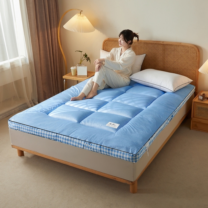 91家纺网 家纺一手货源 找家纺 迪乐妮  2023新款水洗棉成人立体软床垫 蓝格边-天蓝色