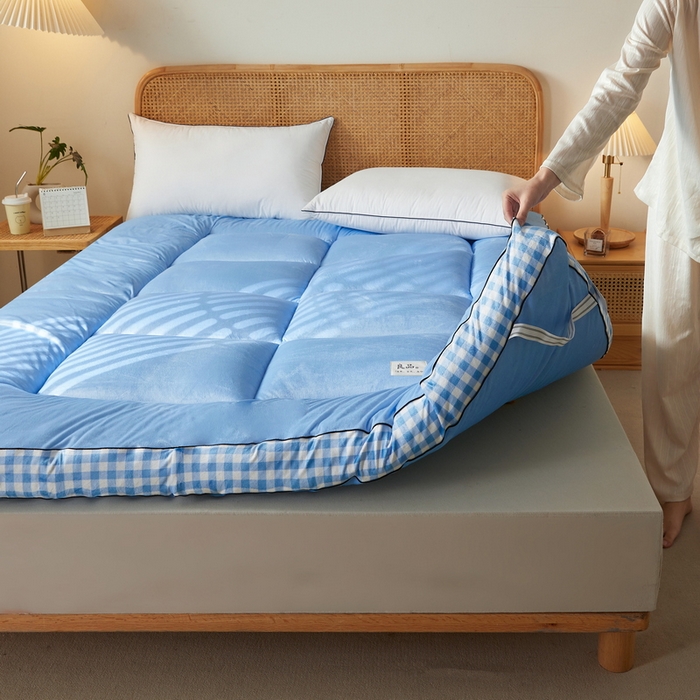 91家纺网 家纺一手货源 找家纺 迪乐妮  2023新款水洗棉成人立体软床垫 蓝格边-天蓝色