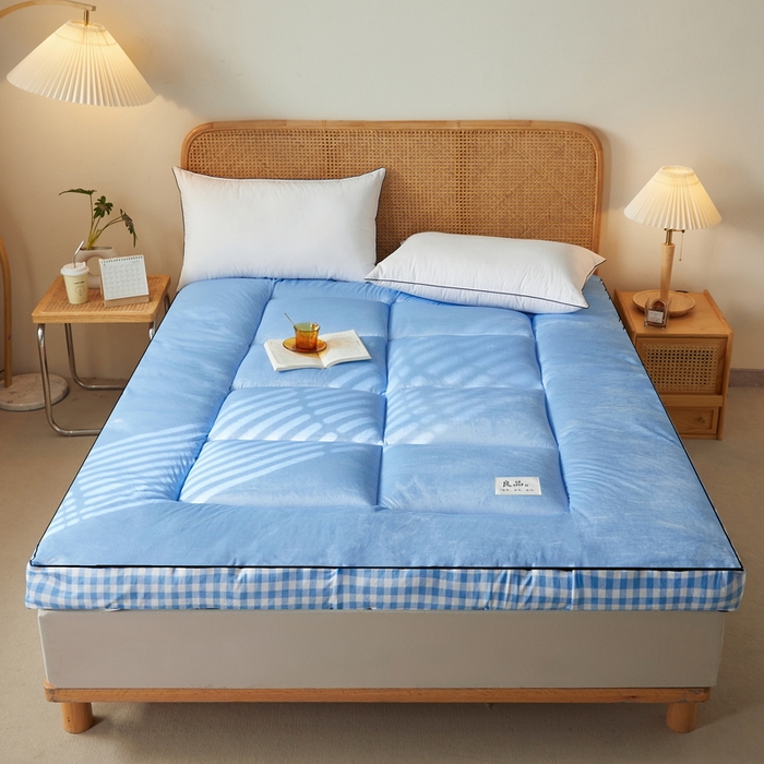 91家纺网 家纺一手货源 找家纺 迪乐妮  2023新款水洗棉成人立体软床垫 蓝格边-天蓝色