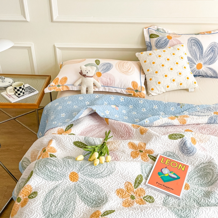 91家纺网 家纺一手货源 找家纺 沐纯家居2022新款AB版40S水洗印花全棉13372床盖  清花漫舞