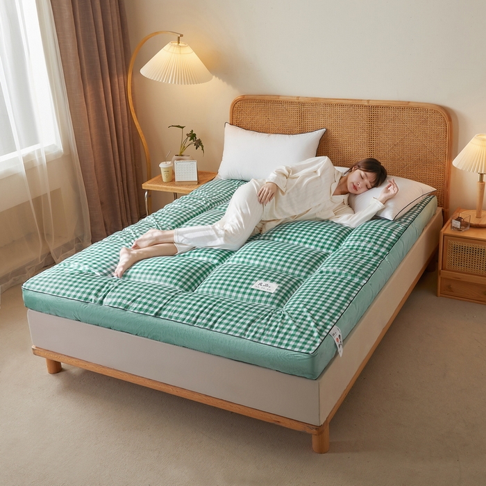 91家纺网 家纺一手货源 找家纺 卡派 2023新款水洗棉成人立体软床垫 水绿格