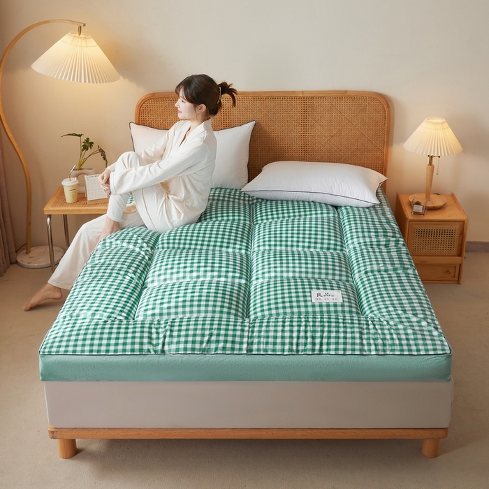 91家纺网 家纺一手货源 找家纺 卡派 2023新款水洗棉成人立体软床垫 水绿格