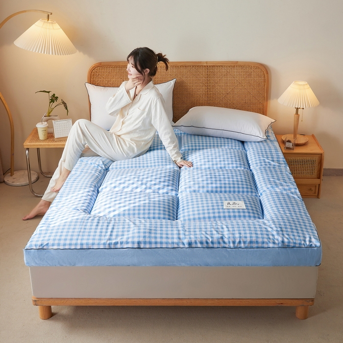 91家纺网 家纺一手货源 找家纺 卡派 2023新款水洗棉成人立体软床垫 天蓝格