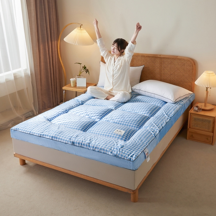 91家纺网 家纺一手货源 找家纺 卡派 2023新款水洗棉成人立体软床垫 天蓝格