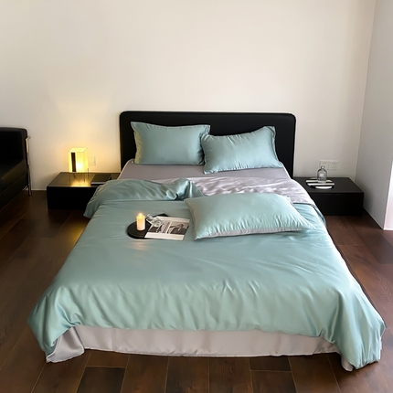 91家纺网 家纺一手货源 找家纺 时亿2023新款兰精60天丝素色双拼四件套 水漾绿